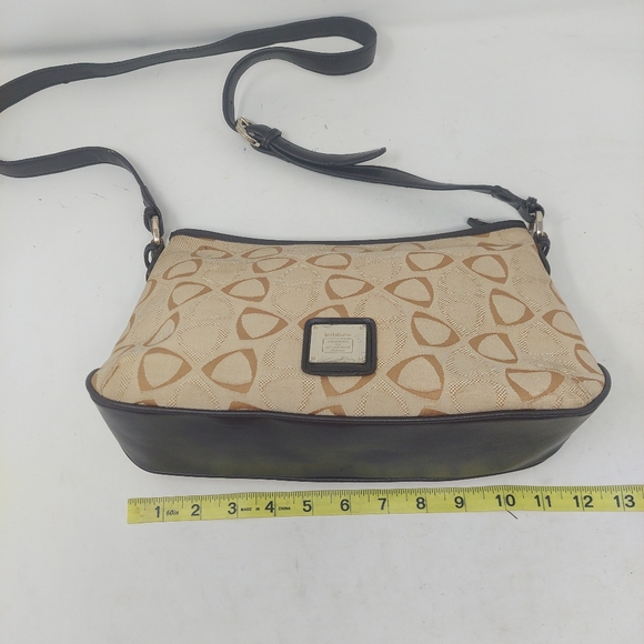 Liz Claiborne Vintage Y2K Tan Canvas Geometric Print Black Leather Shoulder Bag - Picture 8 of 14